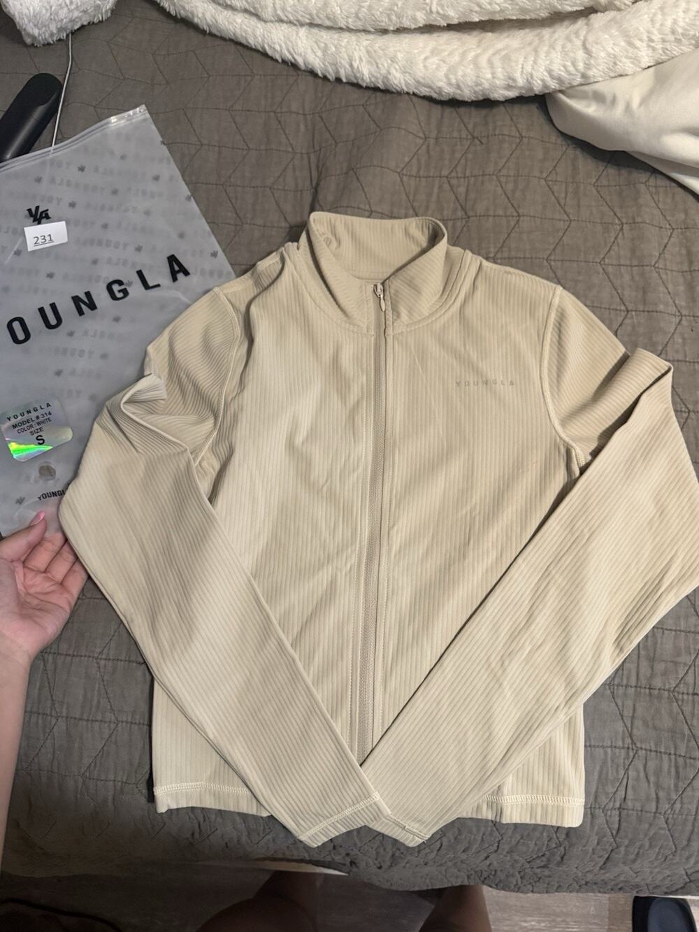 YoungLA Beige Ribbed Full Zip Long Sleeve crop Track Jacket S